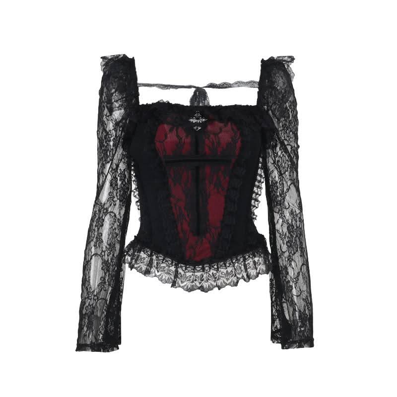 Long sleeve lace hem square neck self tie top-final-sale