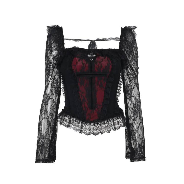 Long sleeve lace hem square neck self tie top-final-sale
