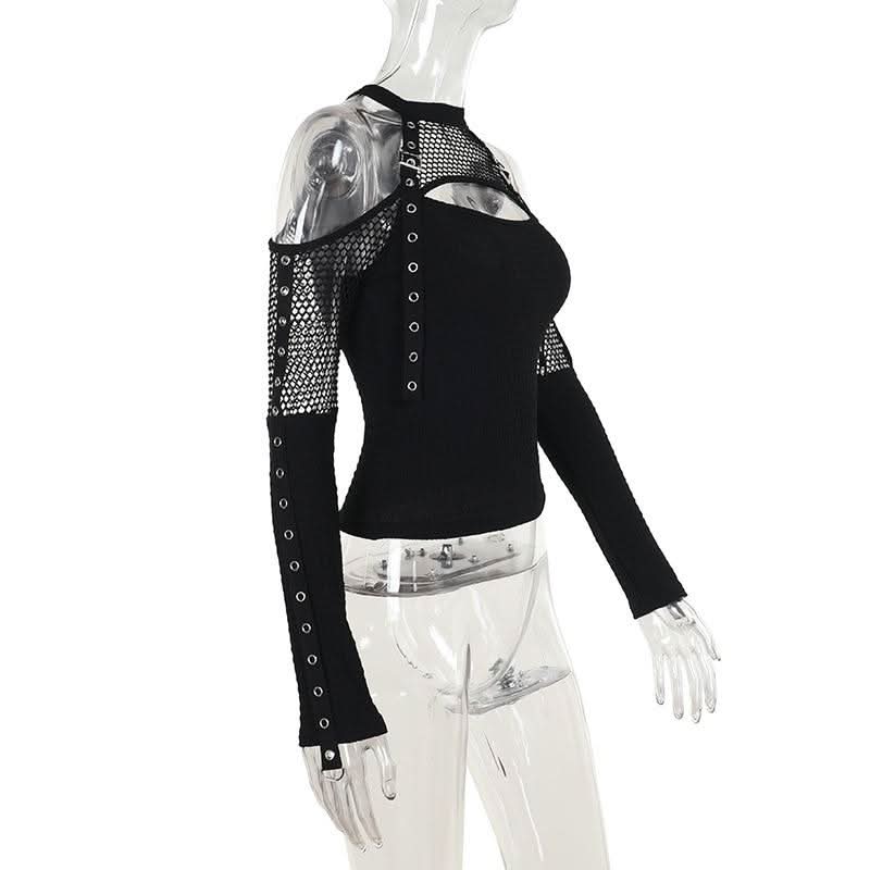 Off shoulder long sleeve fishnet patchwork buckle top  | Festival Outfits Women