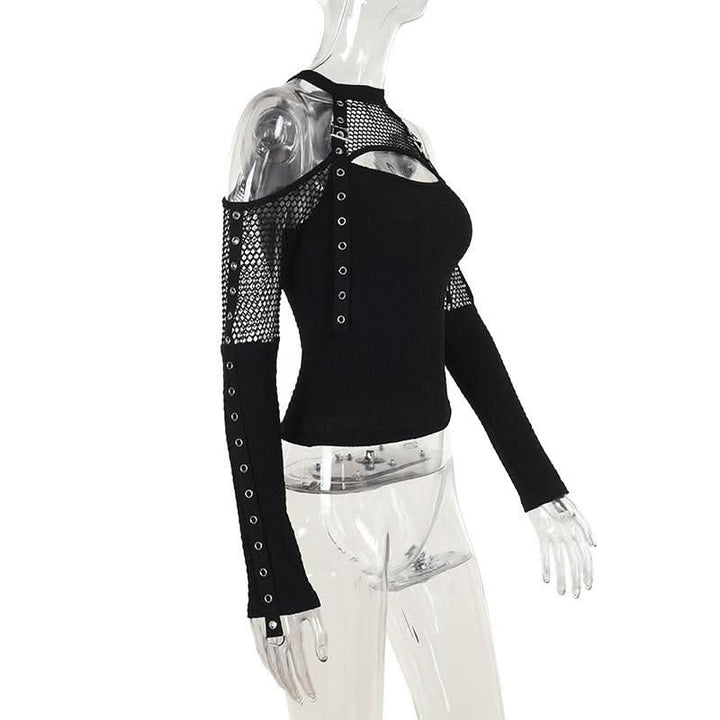 Off shoulder long sleeve fishnet patchwork buckle top  | Festival Outfits Women