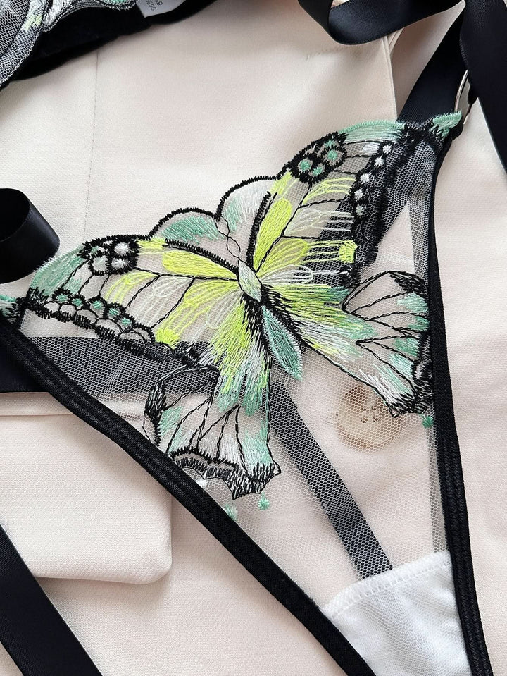 Sweetheart neck butterfly embroidery lingerie set  | Festival Outfits Women