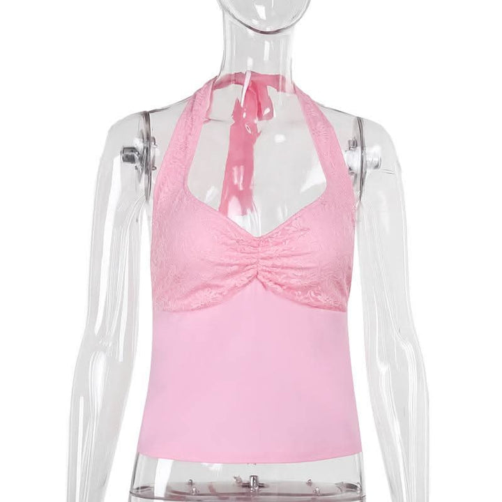 Halter self tie lace v neck ruched backless top  | Festival Outfits Women