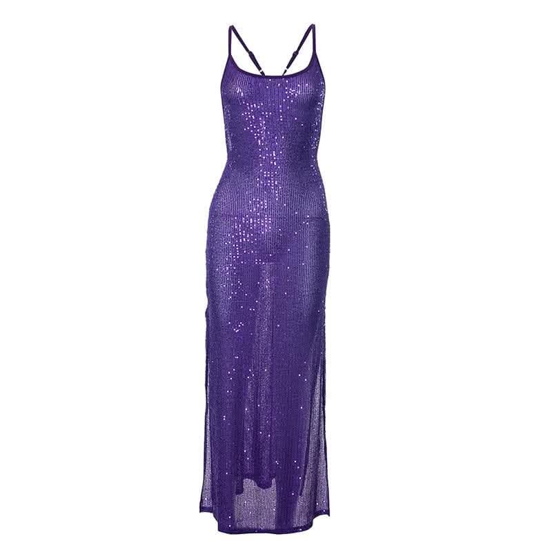 Glitter u neck see through backless cami maxi dress-final-sale  | Festival Outfits Women