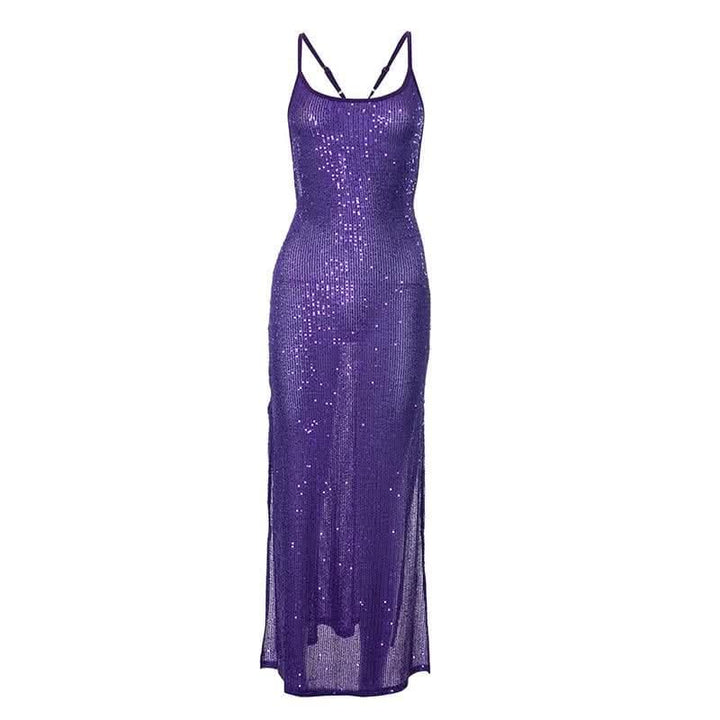 Glitter u neck see through backless cami maxi dress-final-sale  | Festival Outfits Women