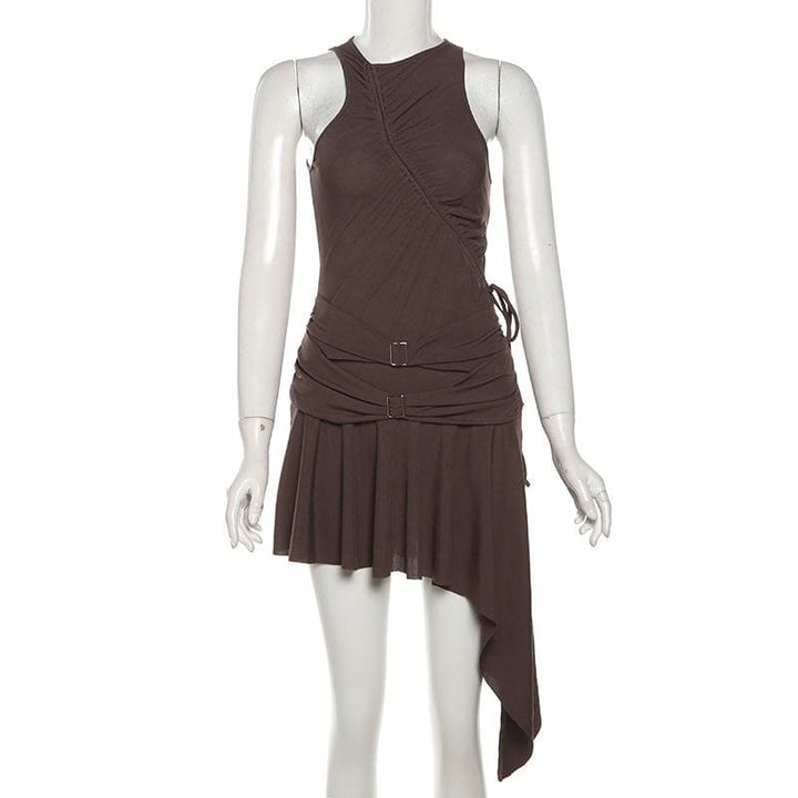 Irregular ruched drawstring buckle tank mini dress  | Festival Outfits Women