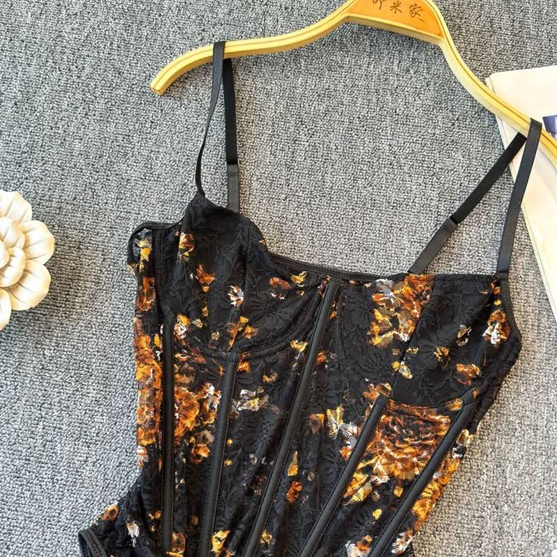 Lace flower print corset cami bodysuit  | Festival Outfits Women