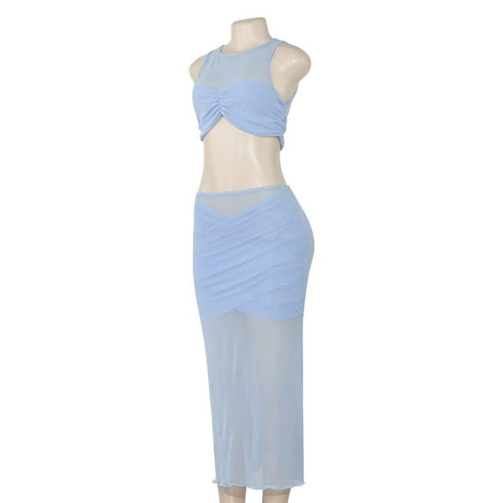 Crewneck sleeveless ruched mesh crop maxi skirt set  | Festival Outfits Women