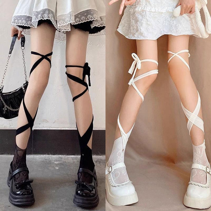 Self tie irregular lace thigh high socks  | Festival Outfits Women