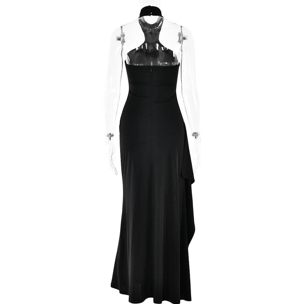 Halter high slit zip-up irregular maxi dress-final-sale  | Festival Outfits Women