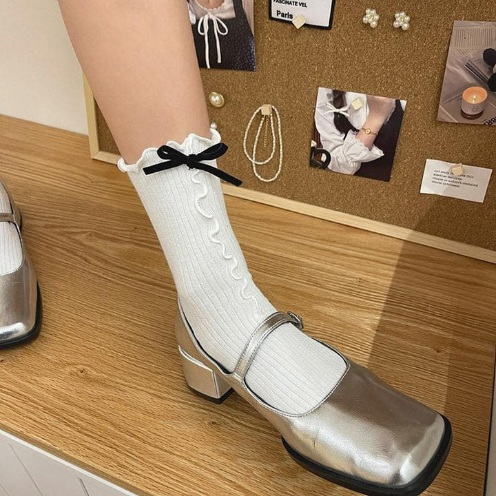 Bowknot ruffle ribbed contrast socks  | Festival Outfits Women