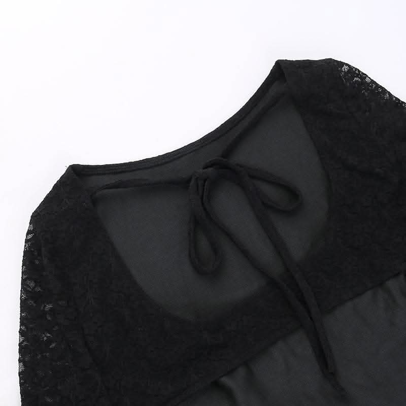 Lace solid long sleeve backless hollow out self tie cut out mini dress-final-sale  | Festival Outfits Women