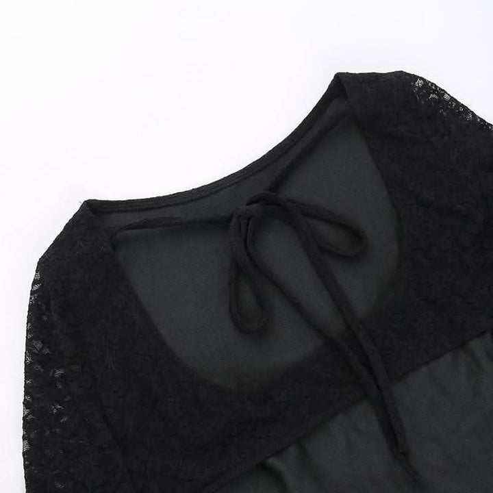 Lace solid long sleeve backless hollow out self tie cut out mini dress-final-sale  | Festival Outfits Women