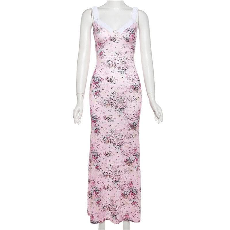 Ruched flower print contrast sleeveless v neck maxi dress-final-sale  | Festival Outfits Women