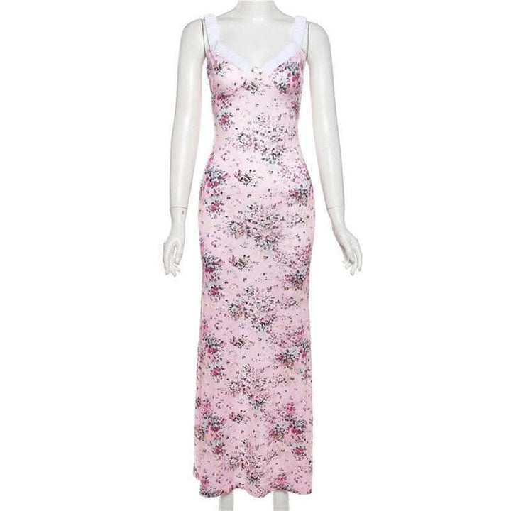 Ruched flower print contrast sleeveless v neck maxi dress-final-sale  | Festival Outfits Women