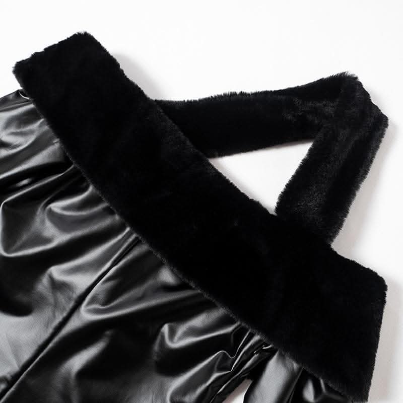 Long sleeve off shoulder PU leather furry solid mini dress-final-sale  | Festival Outfits Women
