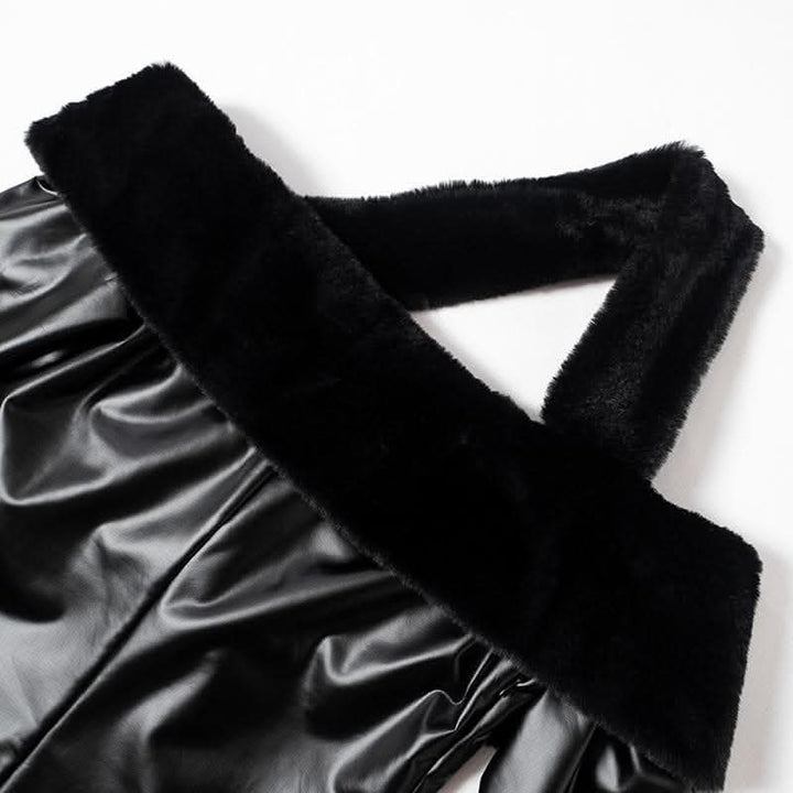 Long sleeve off shoulder PU leather furry solid mini dress-final-sale  | Festival Outfits Women