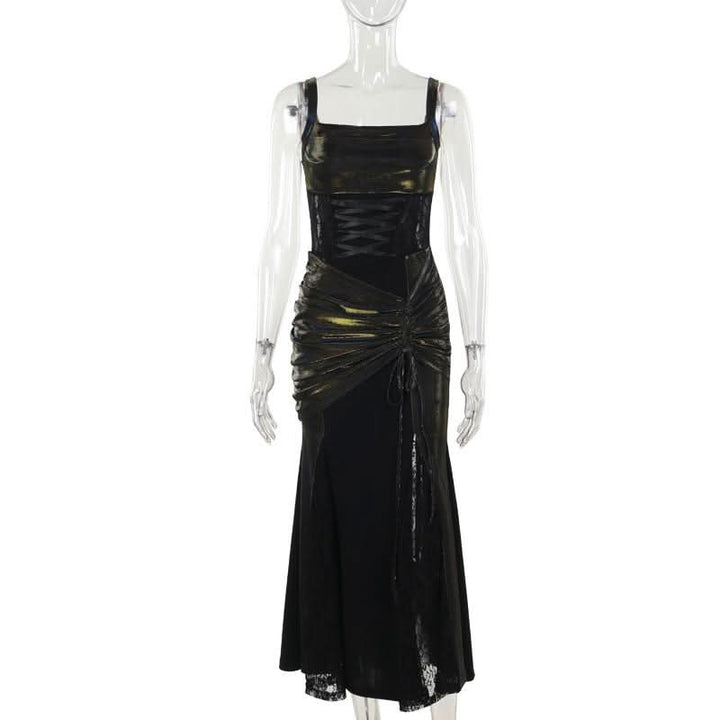 Square neck ruched lace up lace hem maxi dress  | Festival Outfits Women-final-sale