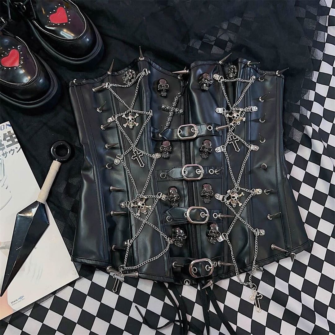 Cross applique PU leather rivet buckle bustier tube top  | Festival Outfits Women