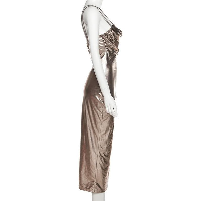 Metallic ruched backless patchwork solid midi dress- Final Sale  | Festival Outfits Women