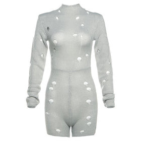 Hollow out long sleeve high neck self tie crochet solid romper-final-sale  | Festival Outfits Women