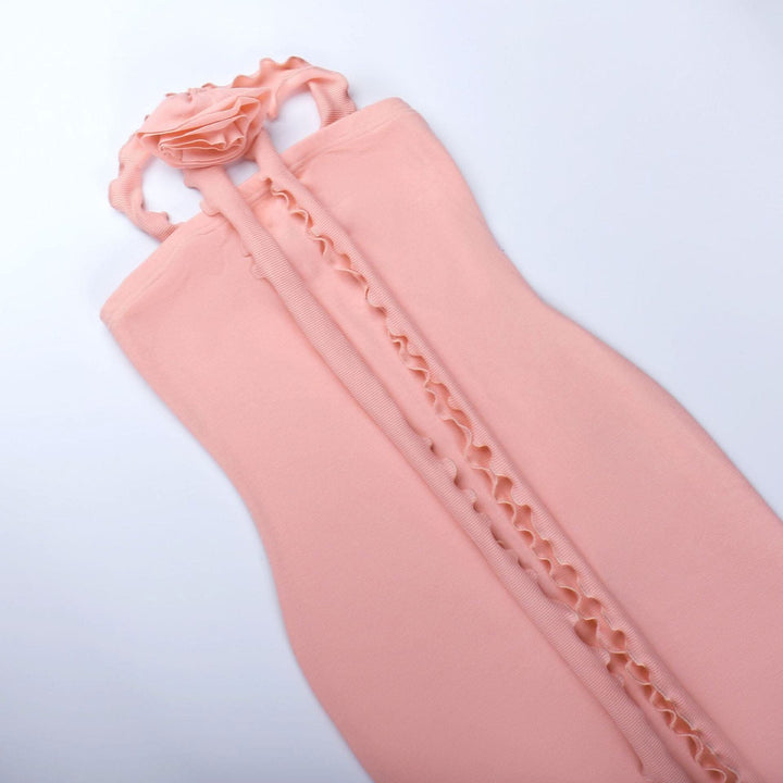 Ribbed solid slit flower applique ribbon ruffle midi dress-final-sale  | Festival Outfits Women