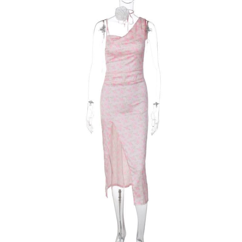 Contrast irregular slit sleeveless flower print cowl neck midi dress-final-sale  | Festival Outfits Women