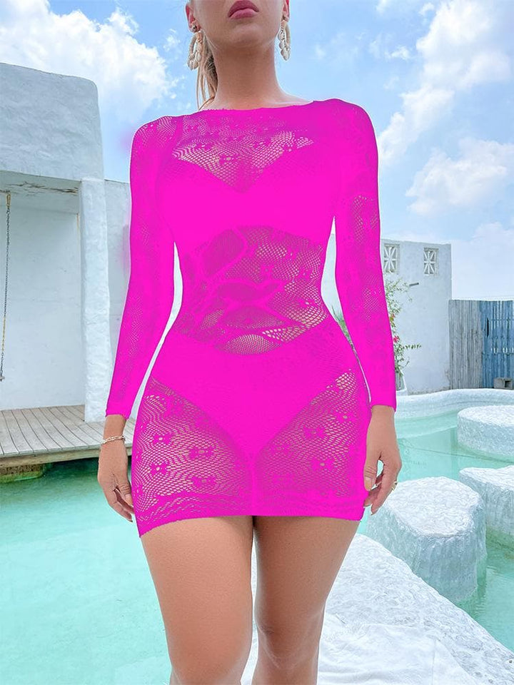 Long sleeve crewneck fishnet pattern mini dress  | Festival Outfits Women