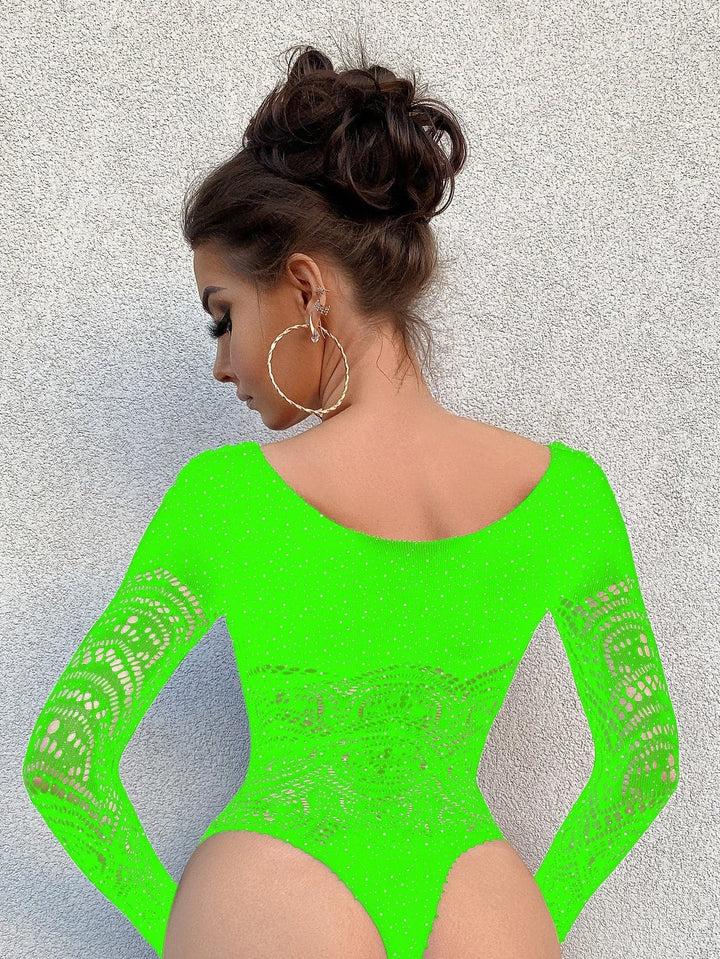 Long sleeve net rhinestone backless bodysuit  | Festival Outfits Women