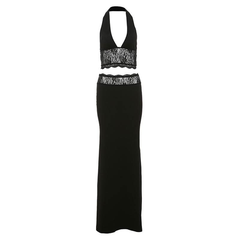Halter v neck lace backless maxi skirt set  | Festival Outfits Women