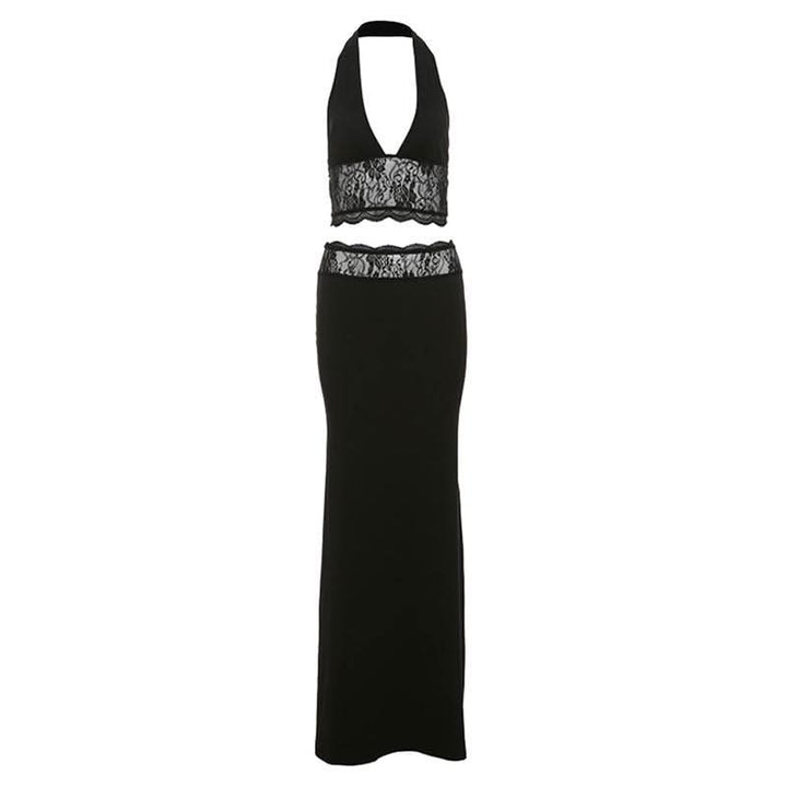 Halter v neck lace backless maxi skirt set  | Festival Outfits Women