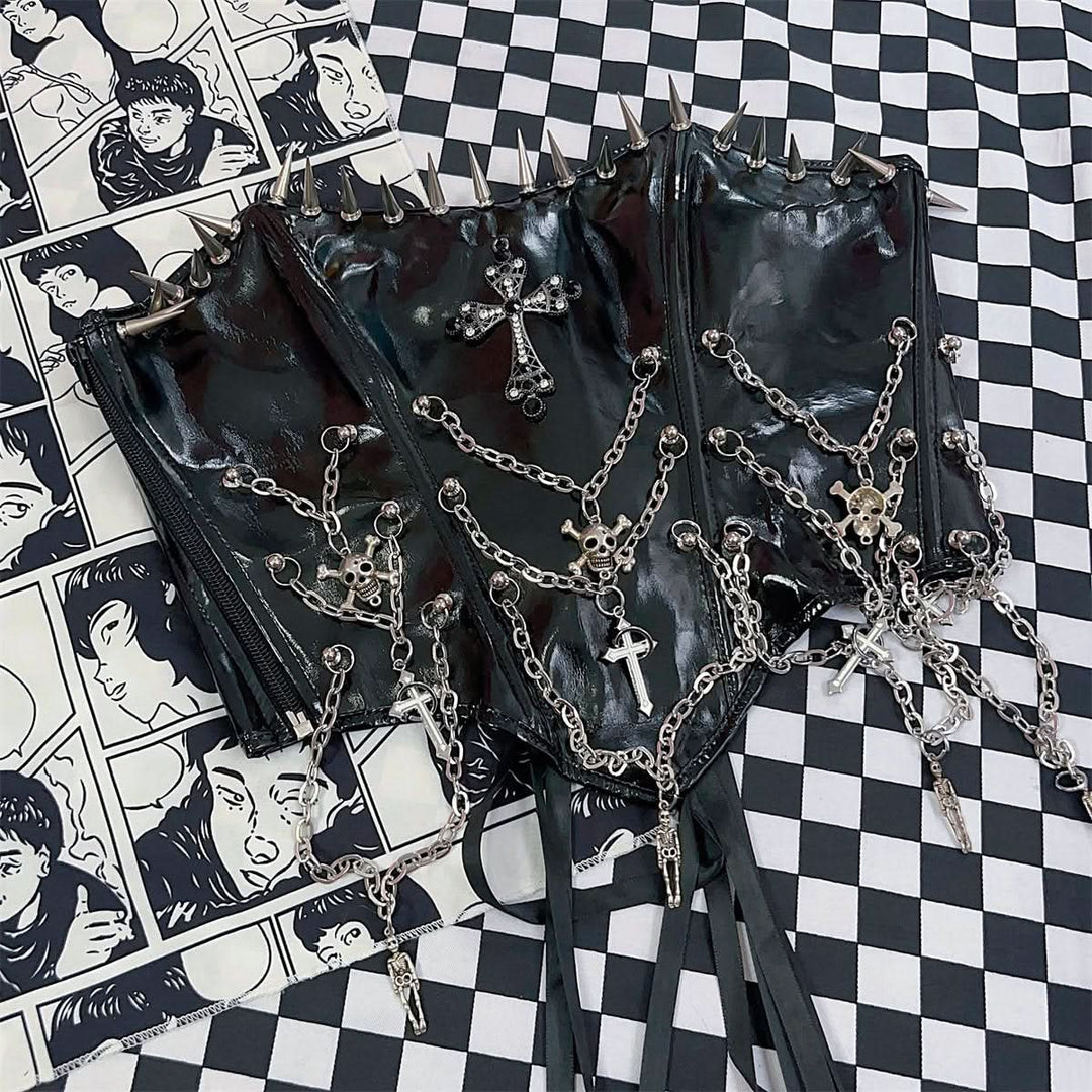 Zip-up metal chain cross applique PU leather lace up top  | Festival Outfits Women