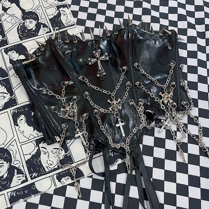 Zip-up metal chain cross applique PU leather lace up top  | Festival Outfits Women