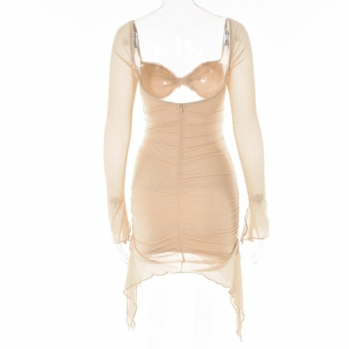 Long sleeve solid hollow out slit mesh ruched zip-up backless cut out mini dress-final-sale  | Festival Outfits Women