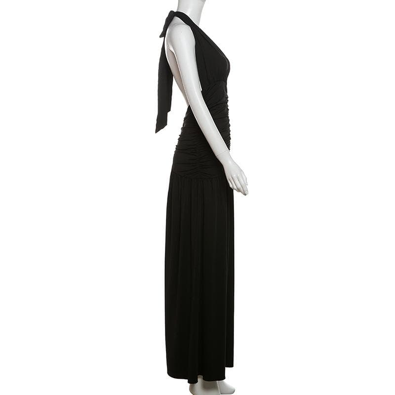 Halter deep v neck ruched backless maxi dress  | Festival Outfits Women