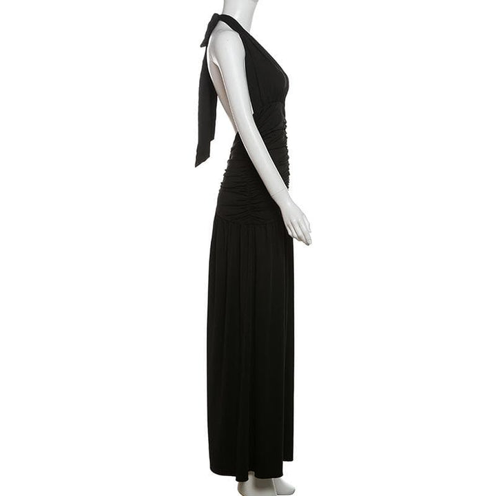 Halter deep v neck ruched backless maxi dress  | Festival Outfits Women