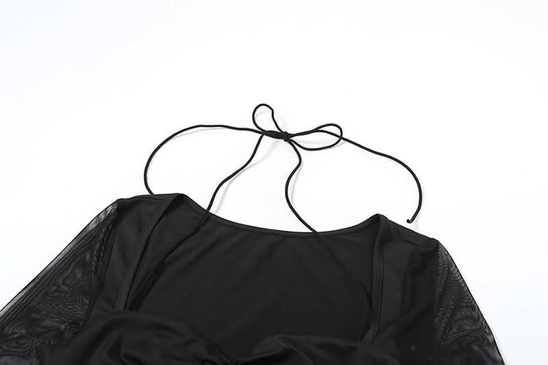 Long sleeve halter mesh ruched ruffle mini dress  | Festival Outfits Women