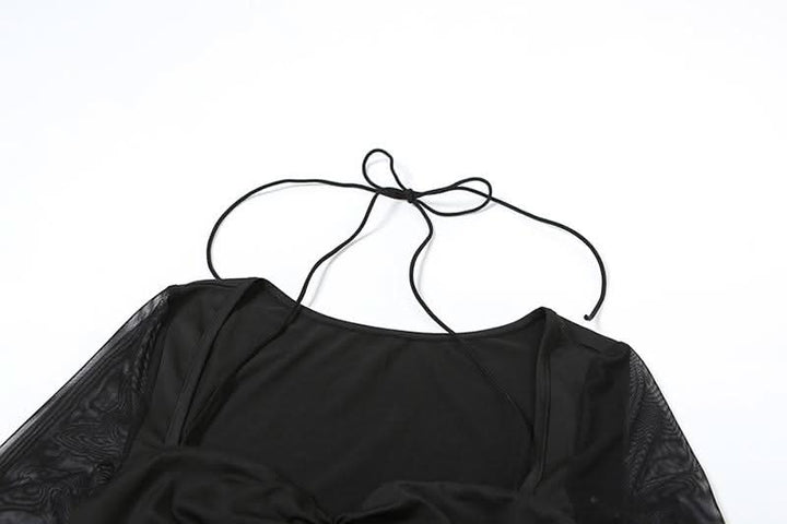 Long sleeve halter mesh ruched ruffle mini dress  | Festival Outfits Women