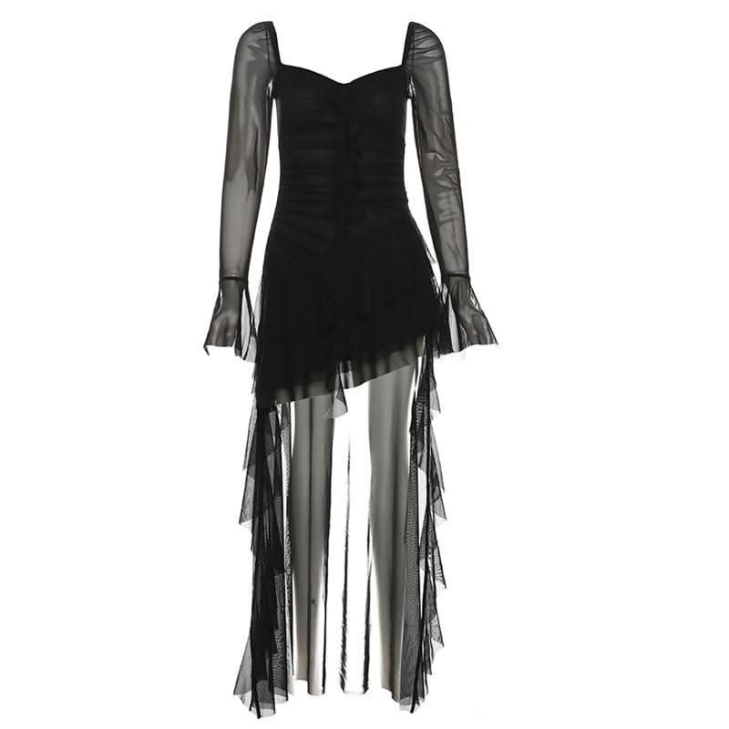 Long flared sleeve irregular mesh ruched mini dress  | Festival Outfits Women