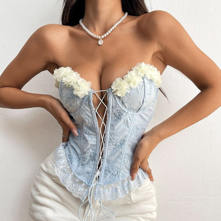 Embroidery corset lace hem flower applique tube top  | Festival Outfits Women