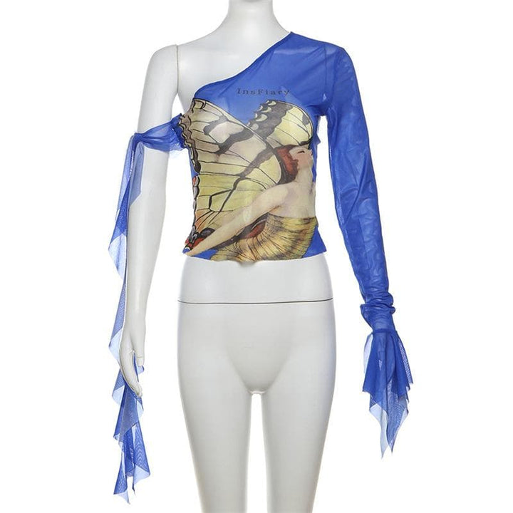 Off shoulder flared sleeve mesh print ruffle top  | Festival Outfits Women