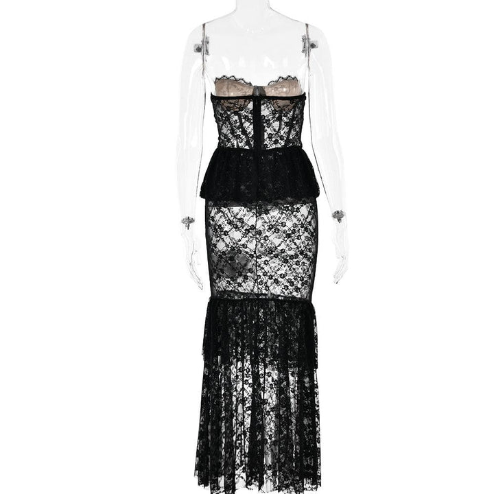 Sweetheart neck lace see through bustier ruched tube maxi dress  | Festival Outfits Women
