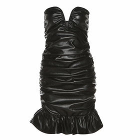 Ruffle solid notch neck ruched PU backless tube mini dress-final-sale  | Festival Outfits Women