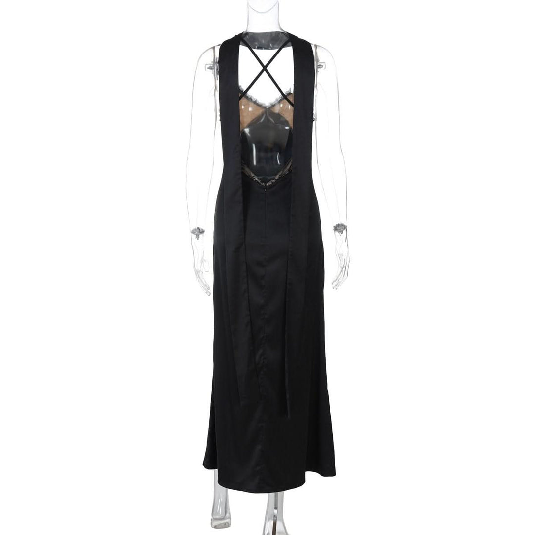 Lace hem v neck zip-up cross back cami maxi dress  | Festival Outfits Women
