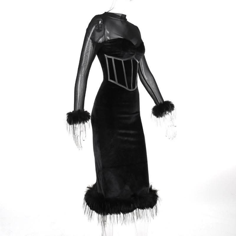 Long sleeve feather velvet mesh patchwork slit high neck midi dress-final-sale  | Festival Outfits Women