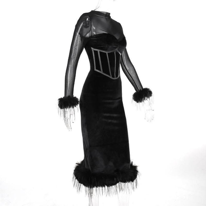 Long sleeve feather velvet mesh patchwork slit high neck midi dress-final-sale  | Festival Outfits Women