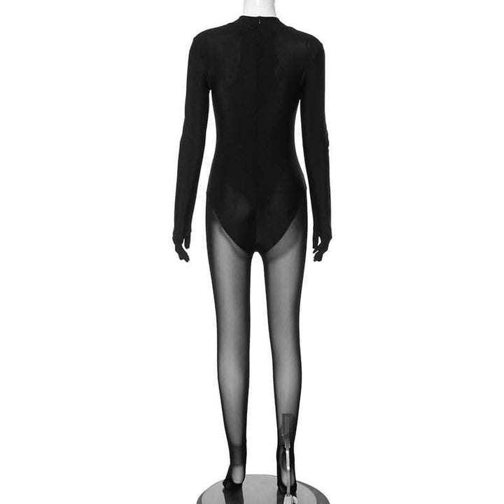 Gloves long sleeve mesh patchwork solid zip-up jumpsuit-final-sale  | Festival Outfits Women