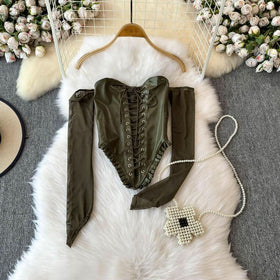 Off shoulder PU leather lace up smocked top  | Festival Outfits Women