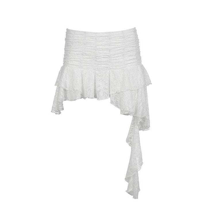 Ruched lace patchwork ruffle irregular mini skirt  | Festival Outfits Women