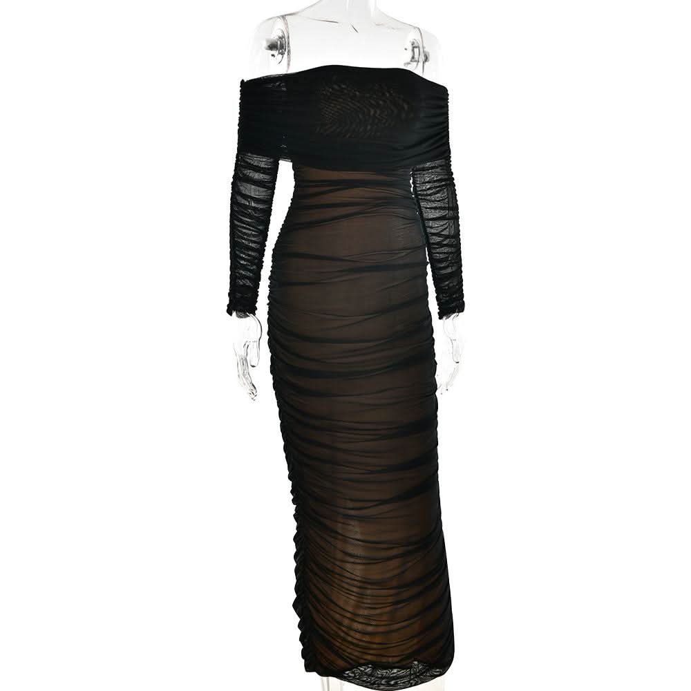 Off shoulder long sleeve slit mesh ruched maxi dress  | Festival Outfits Women