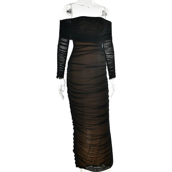 Off shoulder long sleeve slit mesh ruched maxi dress  | Festival Outfits Women